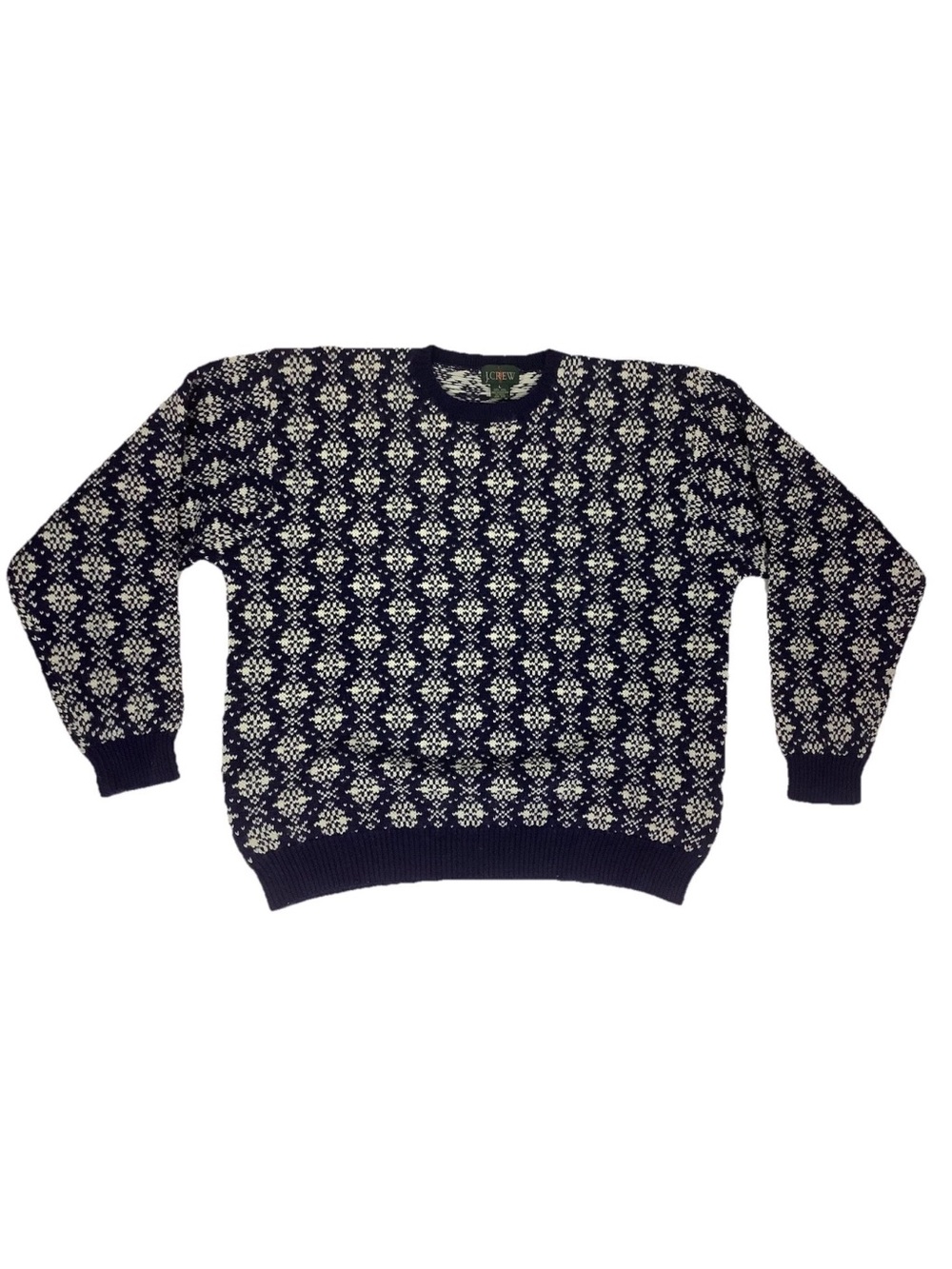Vintage 90s J Crew Oarsman Sz L 100% Wool Nordic Print Chunky Sweater Blue